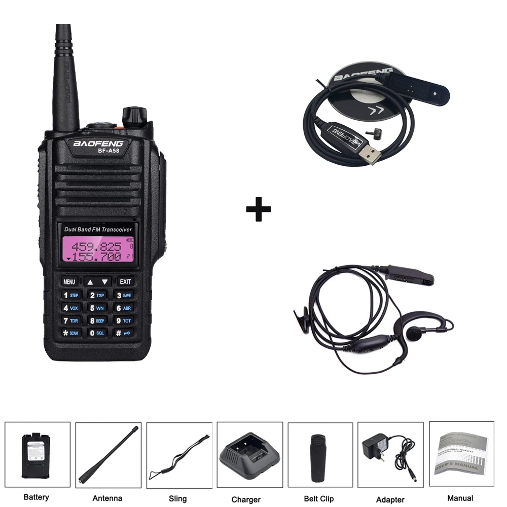 add 1earp-cab Baofeng BF-A58 Водонепроницаемый двухстороннее радио двухдиапазонный UHF VHF 5 Вт CB Ham радио с ЖК-дисплеем FM трансивер 128 каналов портативная рация - Цвет: add 1earp-cab
