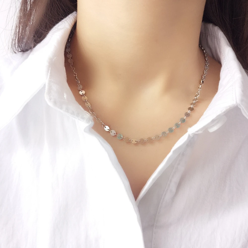 

Delicate Flat Dapped Sequin Choker Lace Chain 925 Sterling Silver Shimmer Disc Layering Necklace Tattoo Bridesmaid Boho Necklace