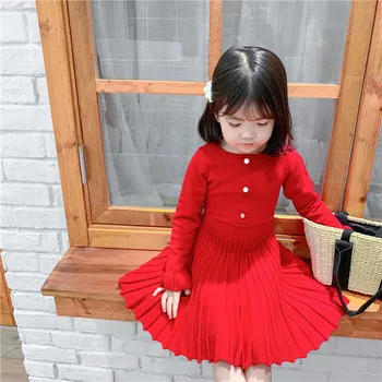 

WLG girls autumn dresses kids knitted red black ruffle dress baby girl cute party dresses