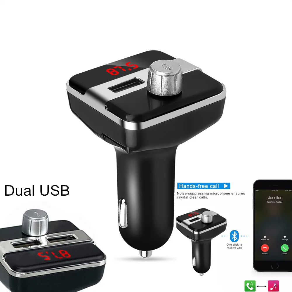 

Bluetooth FM Transmitter Dual USB Car Charger Handsfree Car MP3 Music Player Wireless Car Kit 87.5-108MHz TF Card play 2.1A EDR