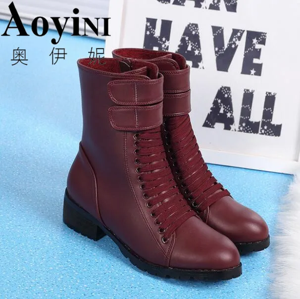 

2019 New Buckle Motorcycle Boots Women British Style Ankle Boots Gothic Punk Low Heel ankle Boot Winter Women Shoe Plus Size 39