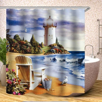 

1 Pack Sea Lighthouse Bath Shower Curtain Bathroom Products Non Slip Toilet Cover Mat Floor Pad Accessories Ornaments