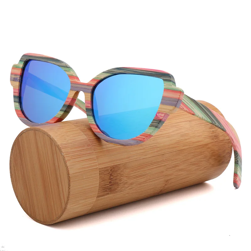 Высококачественные модные женские поляризованные солнцезащитные очки с кошачьими глазами для женщин цветные деревянные солнцезащитные очки ручной работы с деревянной коробкой для очков - Цвет линз: Ice blu - bamboo box