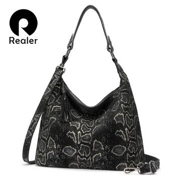 

REALER genuine leather shoulder bags for women 2020 luxury handbag designer large Hobos with tassel Animal Prints cross body bag