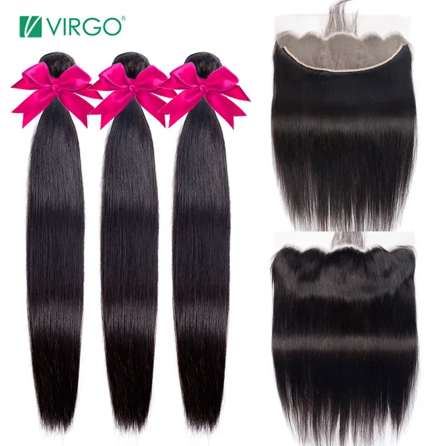 Virgo Hair Human Hair Bundles with Frontal Peruvian Straight Hair Bundles with Closure Remy