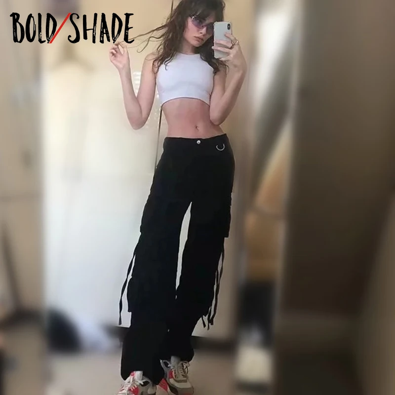 

Bold Shade Grunge Streetwear Fashion Cargo Pants Vintage 90s Teen Style Solid Women Cool High Waist Jogger Pants Casual Bottoms