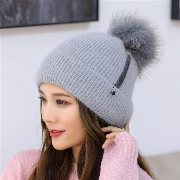 Grey Thick lining Женская Зимняя Шапка-бини, толстая теплая вязаная Лыжная шапка, женская шапка с помпонами, женские вязаные шапки, Модный повседневный стиль, новинка - Цвет: Grey Thick lining