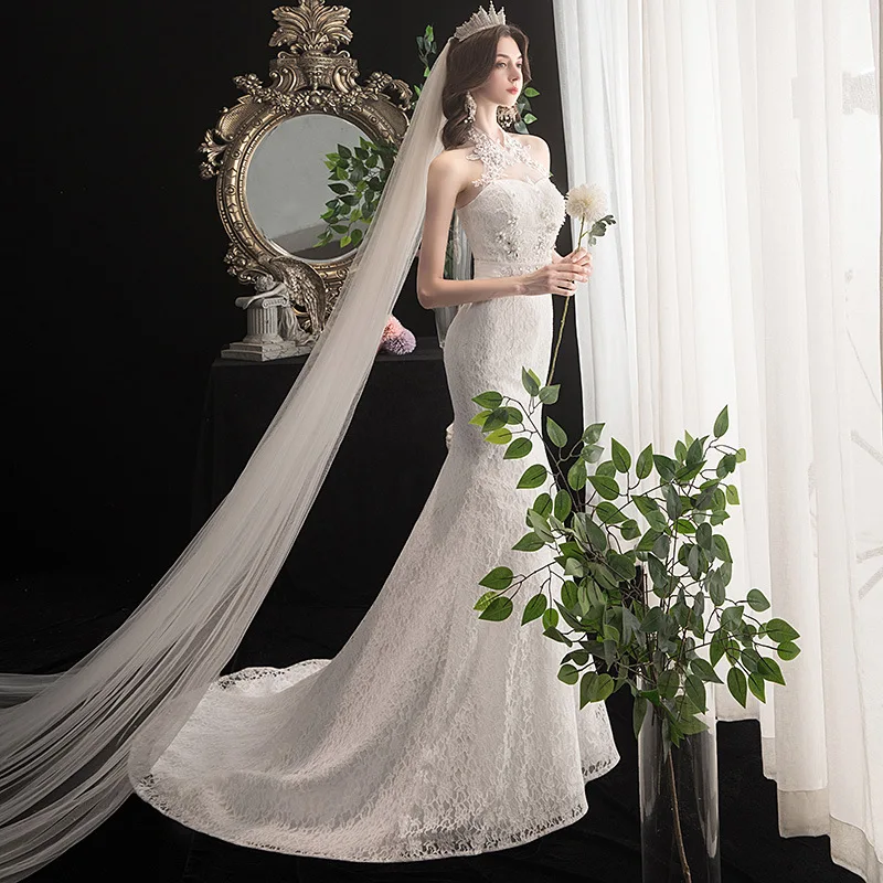 Popodion Русалка свадебное платье с высоким воротом Свадебные платья кружева невесты платье WED90541