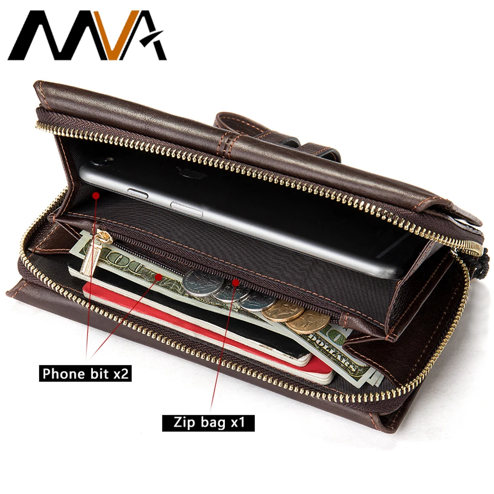 MVA-cartera de mano de cuero genuino hombre, monedero largo informal con bolsillo para teléfono, billetera de cuero con de nombre, 7290 - AliExpress