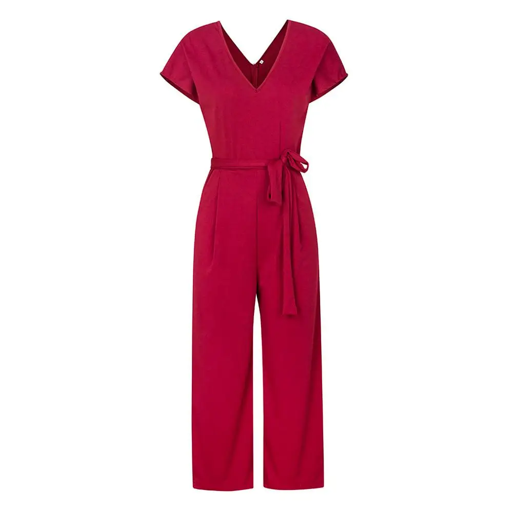 Элегантный комбинезон с поясом и широким поясом; черный длинный комбинезон; вечерние комбинезоны; короткий рукав; v-образный вырез; молния; Женский Летний комбинезон