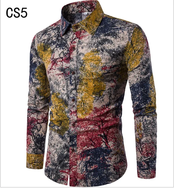 Kezrea Men's Spring and Autumn New Casual Pocket Shirt Slim Long Sleeve Linen Print Top Shirt