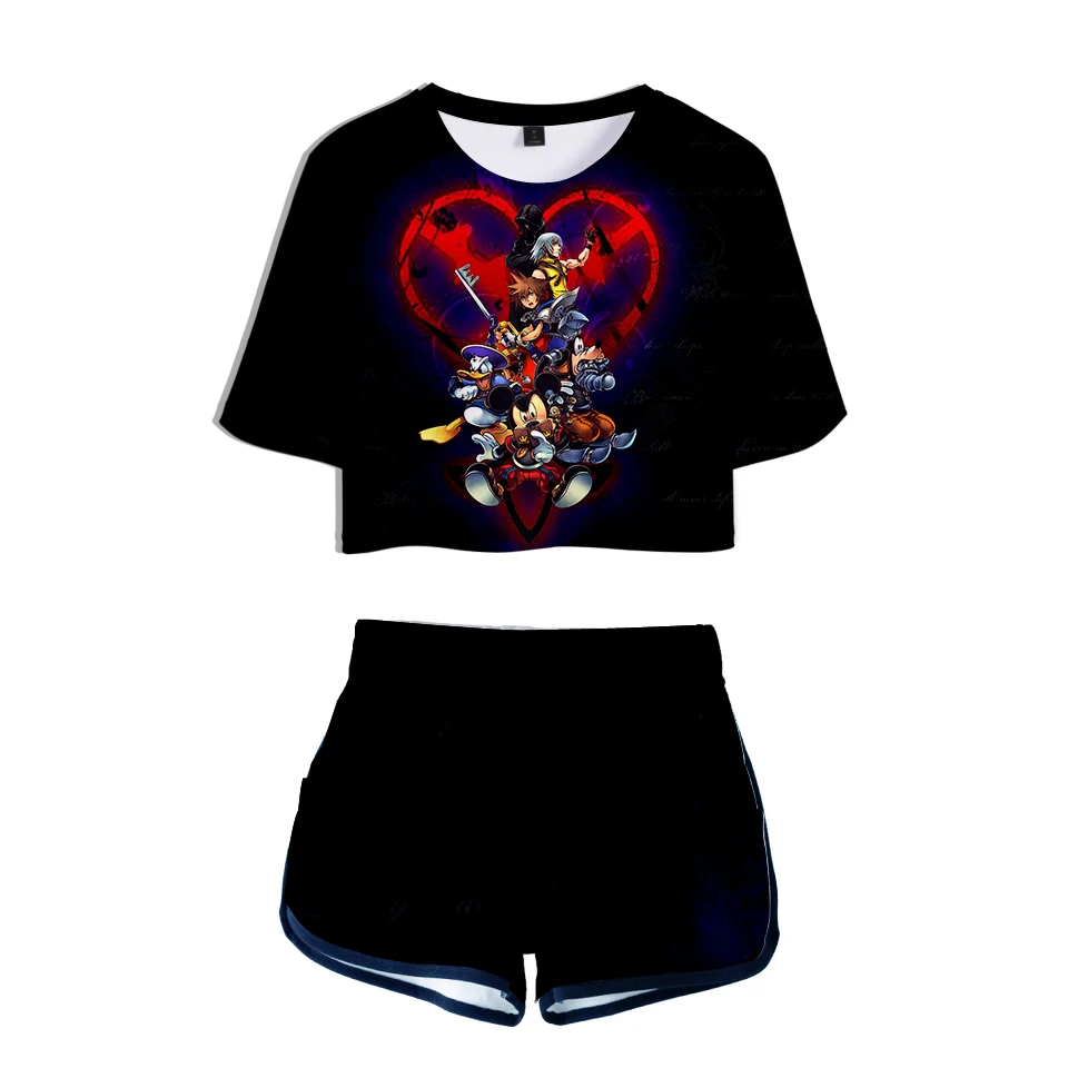 Футболки с принтом «Kingdom Hearts Midriff», шорты, комплекты для женщин, летний сексуальный костюм с аниме, милые женские модные костюмы в стиле хип-хоп для девочек, 3D