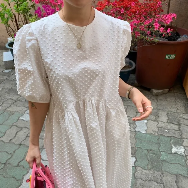 Women Long Dress 2021 Summer Casual O neck Puff Sleeve Oversize Dots Elegant Female Dress Ladies