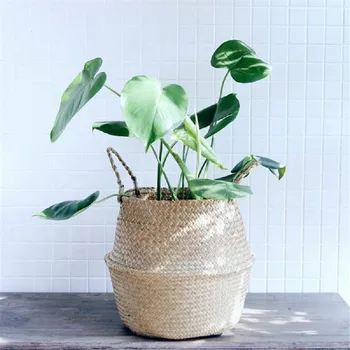 

Handmade Bamboo Storage Baskets Foldable Laundry Straw Patchwork Wicker Rattan Seagrass Belly Garden Flower Pot Planter Basket