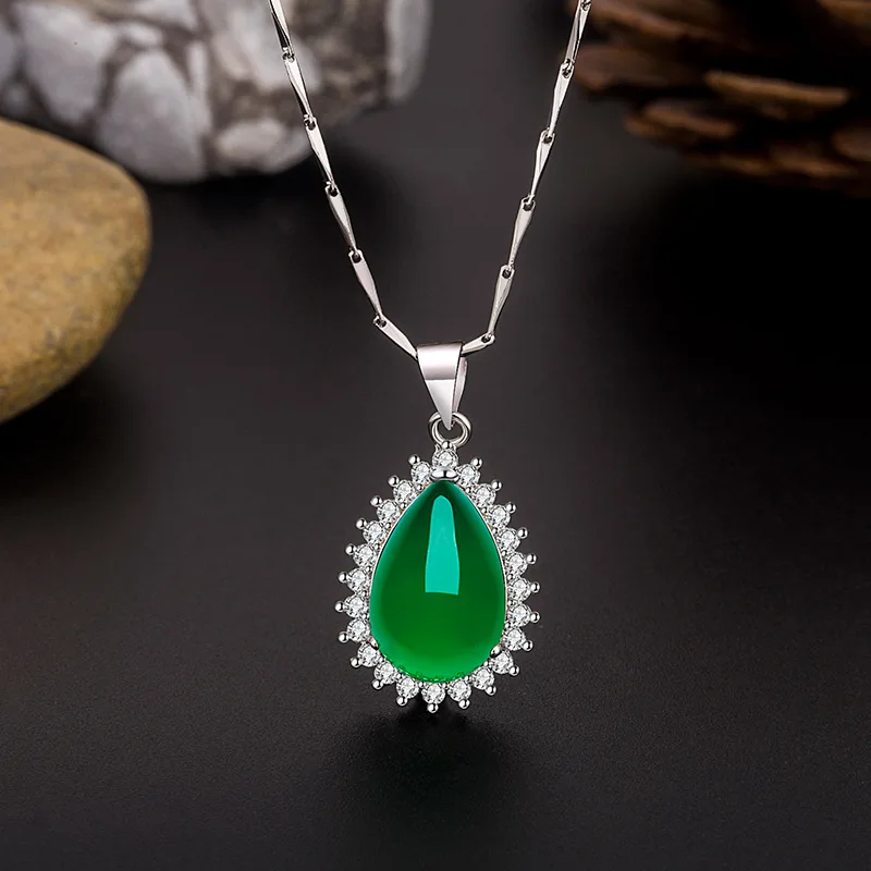 

Natural Green Chalcedony Water Drop Jade Pendant 925 Silver Necklace Chinese Carved Fashion Charm Jewelry Amulet for Women Gifts