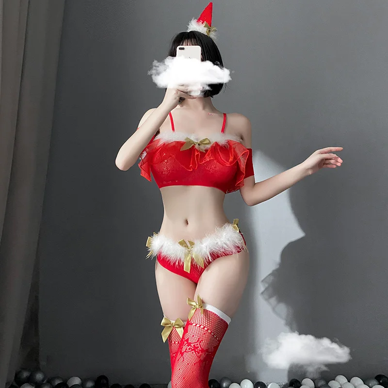 

2020 Christmas Cosplay Costumes Sexy BowKnot Red Lingerie Furry Bra Thong Adorable Hot Erotic Girl Fishnet Bodysuit For Women