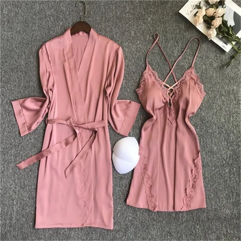 

Spring and autumn nightgown fun pajamas feminine sling chest pad nightdress kimono robe two-piece nightwear new arrival bathrobe