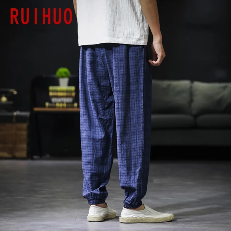 RUIHUO клетчатые льняные брюки мужская Японская уличная одежда Спортивные штаны мужские бегуны брюки мужские тренировочные хип-хоп одежда 5XL осень