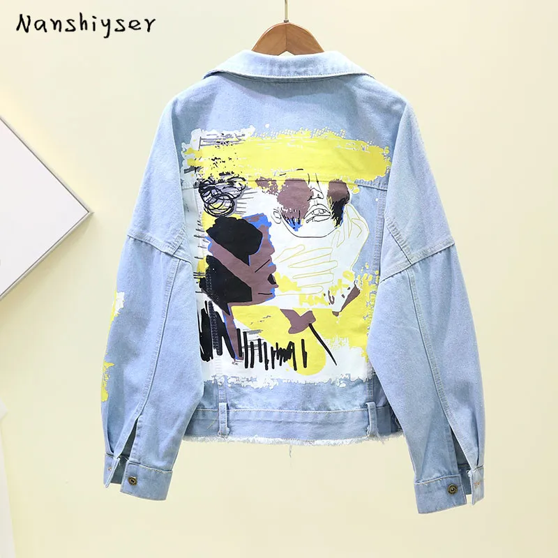 

2020 Autumn Hand-painted Pattern Letters Print Denim jacket Fashion Pockets Korean Loose Burrs Fringe Jean Outwear Streetwear