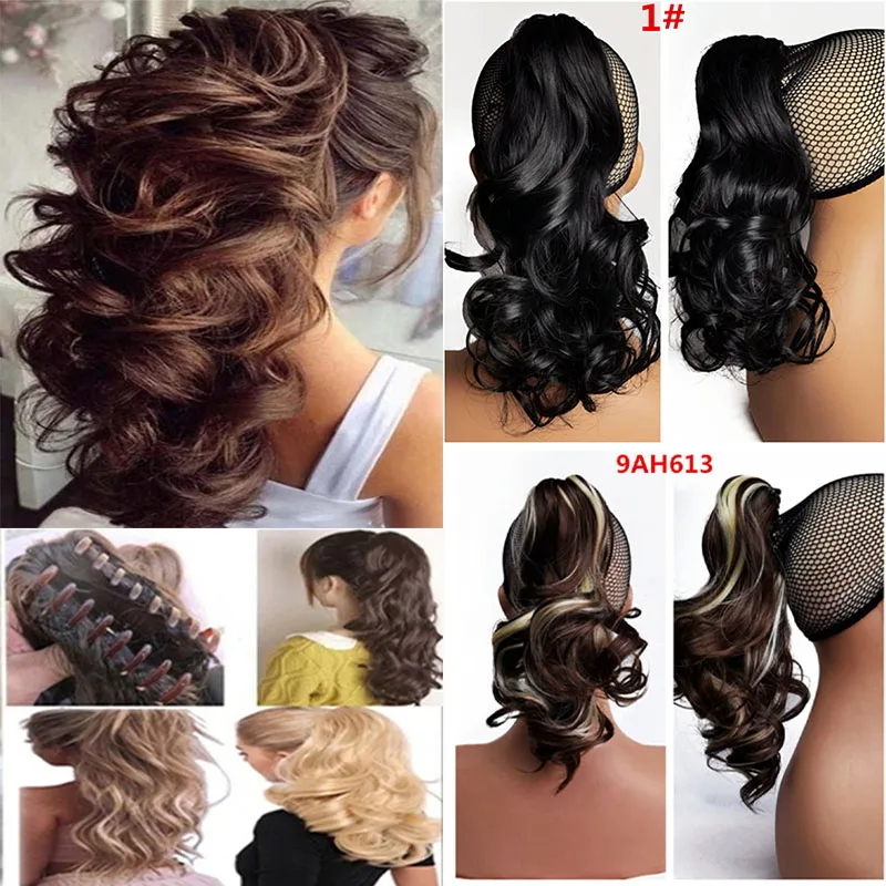SuQ Long Curly Hair Extensions Ponytail Hair 14Inch Claw Clip On Wavy Heat Resistant Synthetic Pony Tail Fake Hairpiece