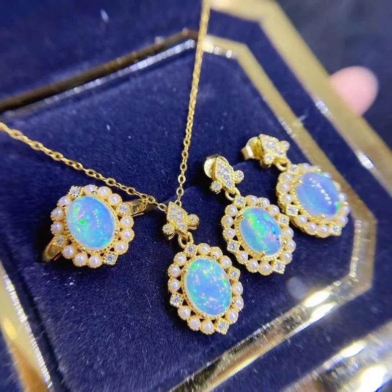Старинные 18K Золотое цветочное лаборатории опал cz Ювелирный Набор 925