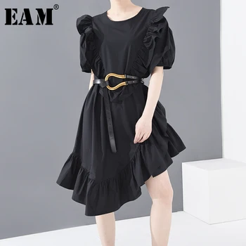 

[EAM] Women Black Ruffles Irregular Temperament Dress New Round Neck Short Sleeve Loose Fit Fashion Spring Summer 2020 1U38701