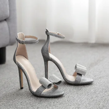 

2020 Summer Rhinestone Sandals Silvery Butterfly-knot Women Fashion High Heels Ankle Buckles Ladies Sandals Party Shoes