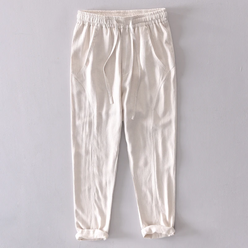 

2019 Spring and summer khaki linen pants men elastic waist trousers men brand casual pants mens fashion pantalones broek