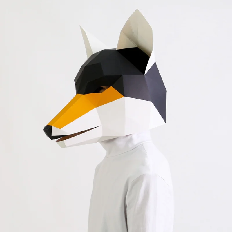 Maschera Lupo Low Poly, Maschera Artigianale Carta Fai-da-te Lupo