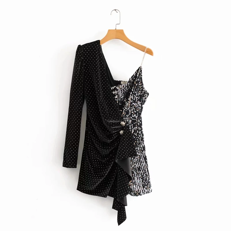 

Sequin Embroidery Splicing Women V Neck Single Shoulder Mini Dress 2020 Spring Leisure Lady Sexy Skinny Dresses D3919