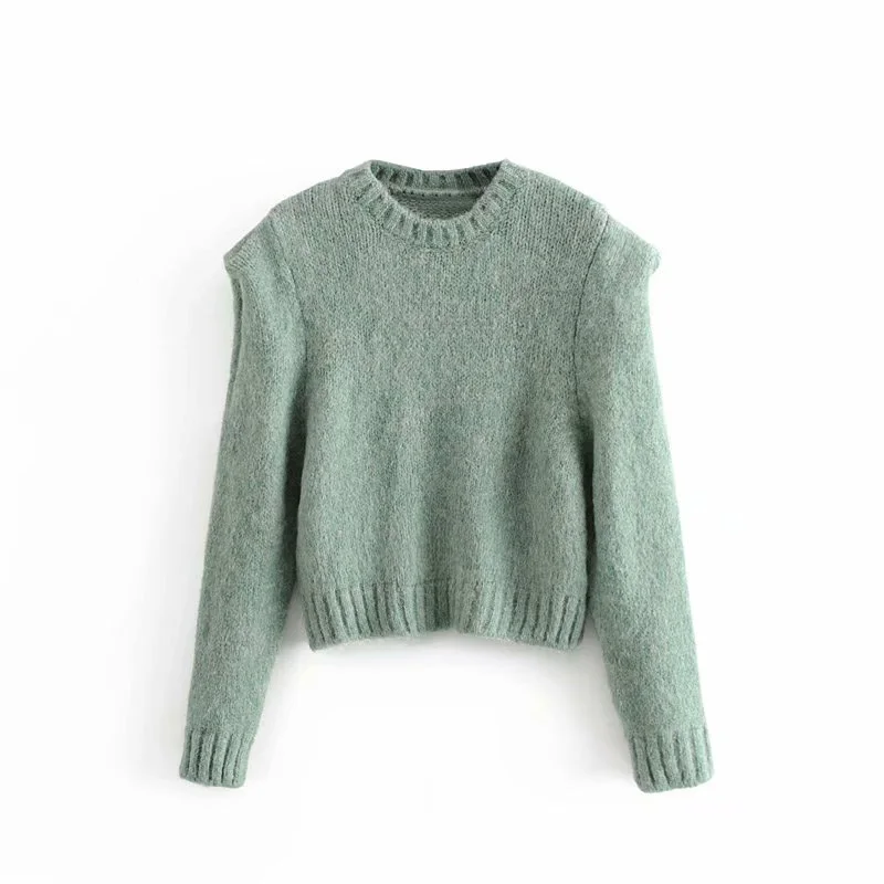 green sweater Звездный Светлячок, Модный женский свитер Za,, Повседневный, тонкий, сплошной цвет, круглый вырез, плечи, деталь, дизайн, трикотаж для женщин - Цвет: green sweater