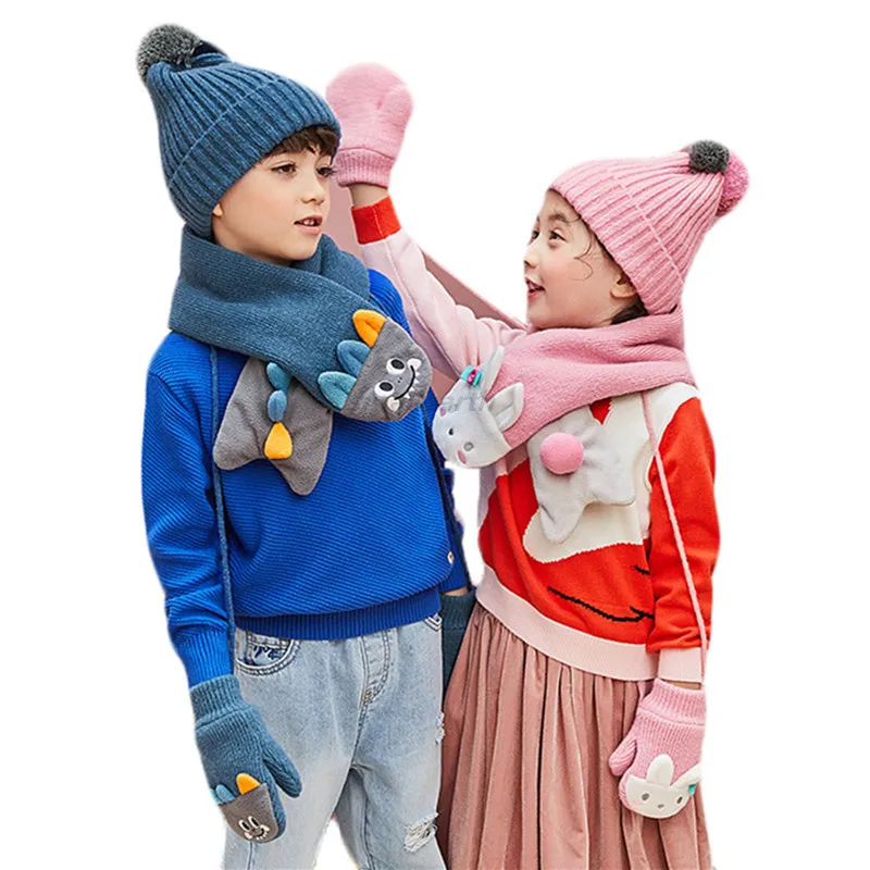 Новая зимняя детская теплая Толстая вязаная шапка, шарф, перчатка, комплект из 3 предметов, детские плюшевые шапочки, шапка, шарфы-кольца, комплект перчаток для мальчиков и девочек