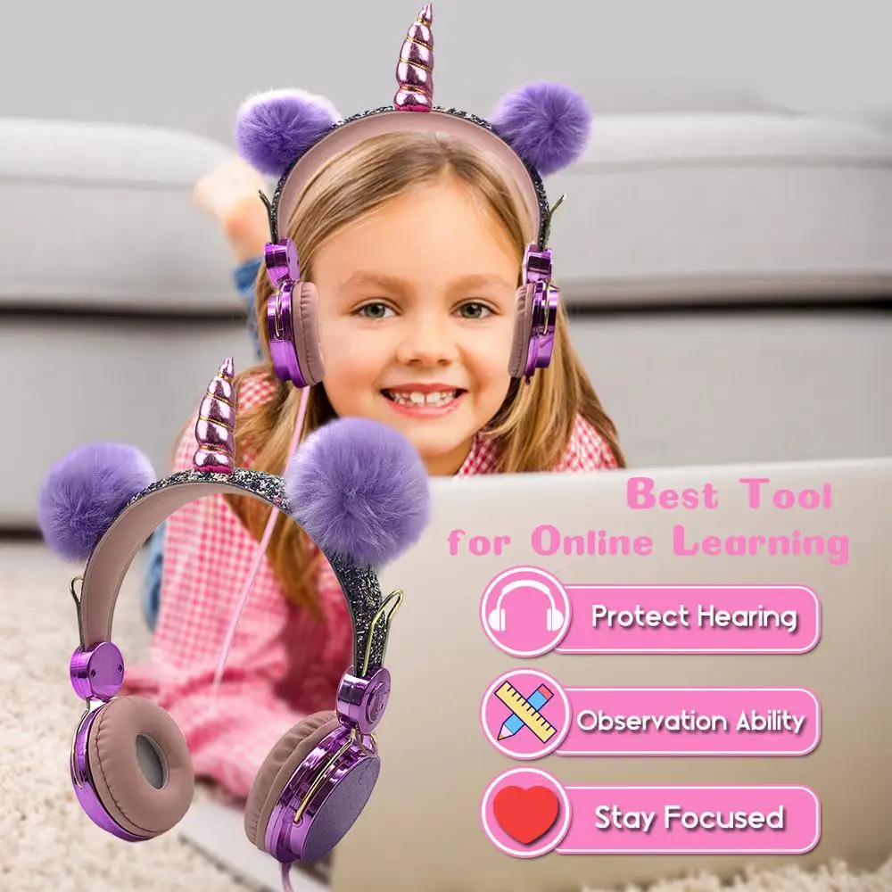 Kids Unicorns Headphones Wired Glitter Bear headphones Safe Volume Music Headset for Boys Girls Birthday Gifts