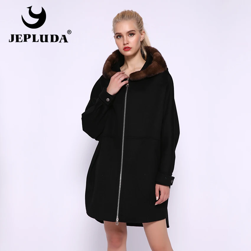 JEPLUDA Свободное стильное 100%шерсти женское зимнее пальто с мехом норки натуральным