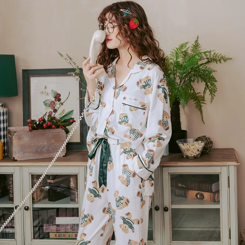 BZEL/милый пижамный комплект; женская одежда для сна; Хлопковая пижама с рисунком медведя; женская пижама с отложным воротником; Mujer; домашний костюм; комплект одежды для сна