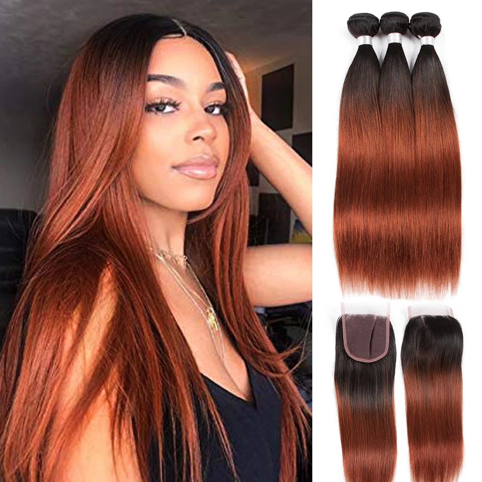 Omber Brazilian Straight Hair T1b/33 Human Hair Bundles With Closure