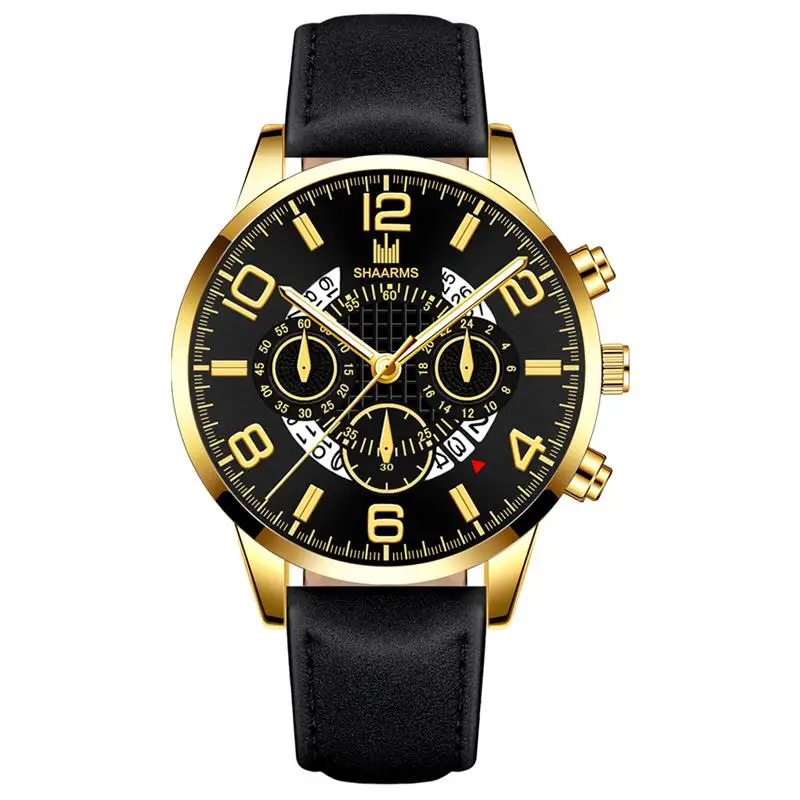 Gold Black Мужские наручные часы, чехол из нержавеющей стали, кожаный ремешок, кварцевые аналоговые часы, модные повседневные наручные часы, мужские часы - Цвет: Gold Black