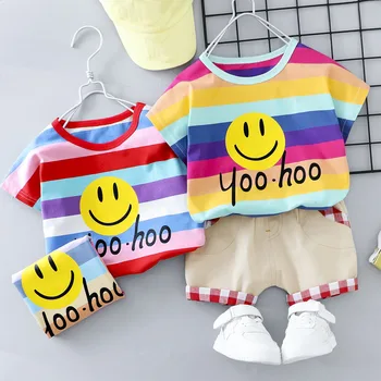 

2020 Summer Children Boys Rainbow Striped Short Sleeve T-shirt Tops + Casual Shorts Kids Baby's Sets Girls 2Pcs Clothing Suits