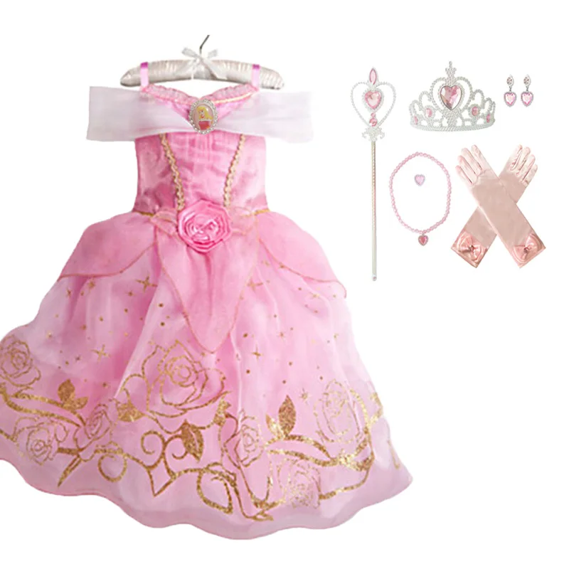 pink sets Платье принцессы для девочек с аксессуарами, костюм Рапунцель, Золушки, Беллы, Авроры на Хэллоуин, детское рождественское платье Белоснежки, Софии - Цвет: pink sets