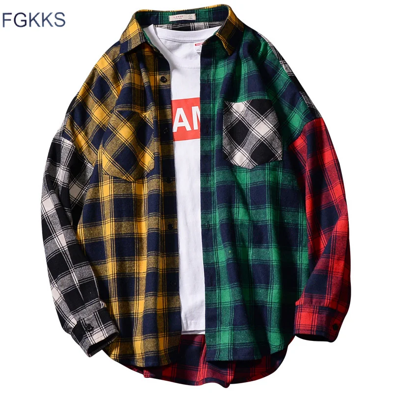 FGKKS-camisas a cuadros de marca de moda para hombre, camisa de manga larga de Hip-Hop, informal, a la moda, primavera y otoño, novedad