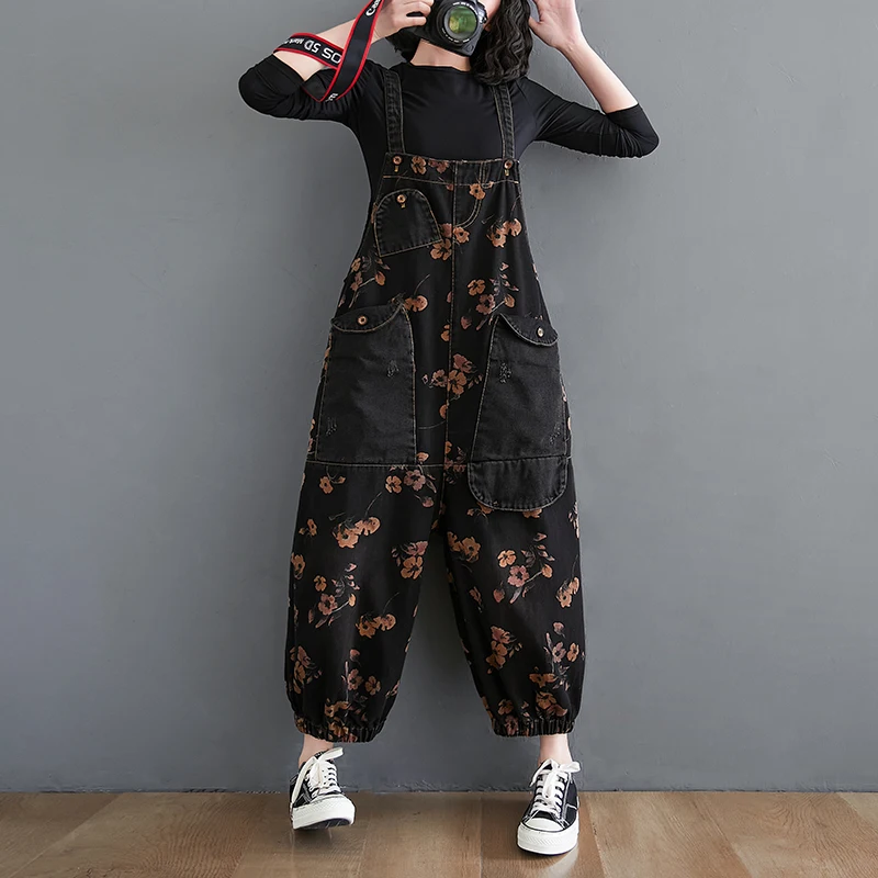 #2305 Black Floral Printed Jeans Jumpsuit Women Big Pockets Vintage Casual Rompers Ladies Wide Leg Denim Rompers Jumpsuit Female