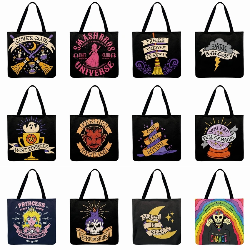 Женская сумка на плечо, сумка-тоут с принтом на Хэллоуин, льняная Повседневная Сумка-тоут, многоразовая сумка для покупок, складная пляжная сумка, большая сумочка