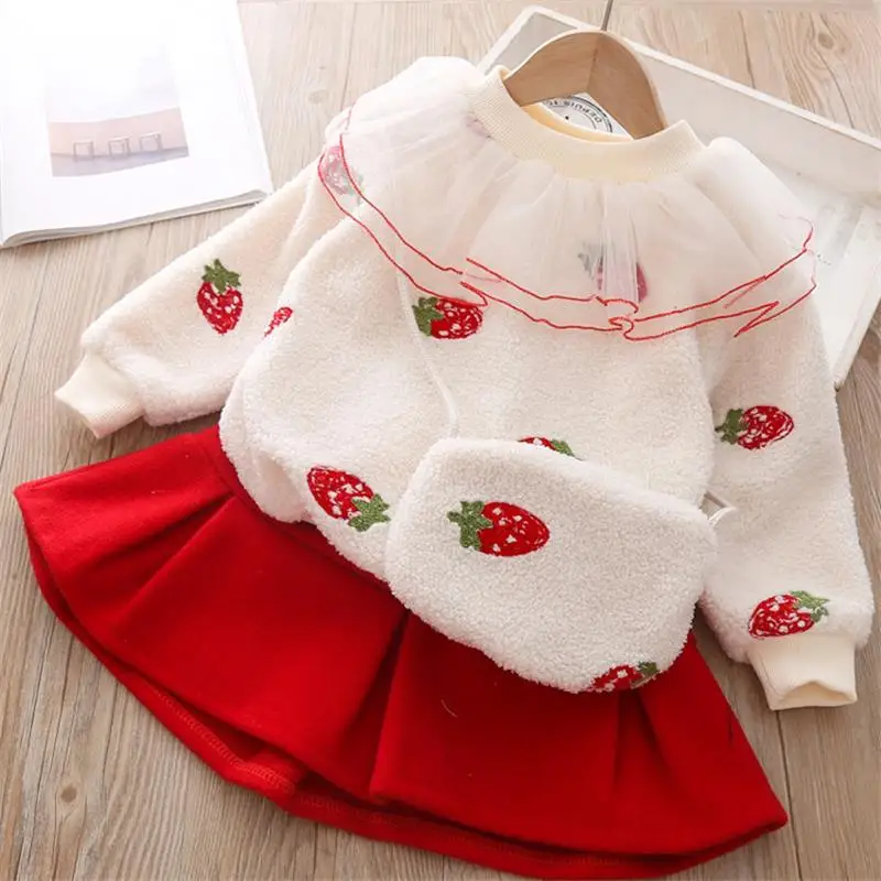 Зимний Детский костюм г. Весна-осень, корейский милый кукольный берет для девочек, плюшевая рубашка клетчатая юбка двухкомпонентная Одежда для девочек