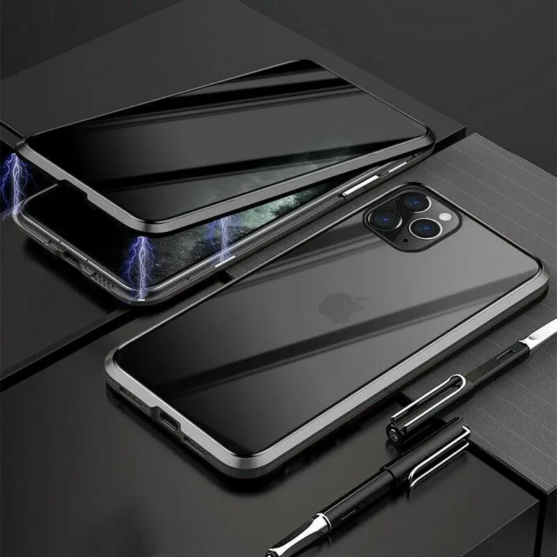 Черный Для iPhone 11 Pro Max X XR XS MAX 7 8 6 6S Plus антишпионский стеклянный чехол с магнитной застежкой, металлическая передняя панель+ черная стеклянная крышка - Цвет: Черный