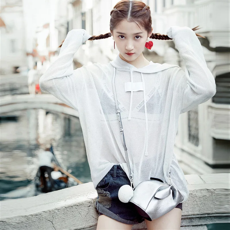 

Comfortable Pure Color Hollow Hood Knitted Top Lazy Wind Leisure High-end Hood Sunscreen Clothes 2019 Pullovers Women Sweaters