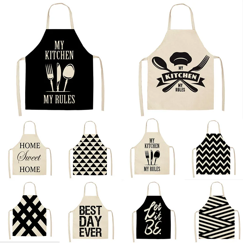 Letter Apron Black White Geometry printed Kitchen Aprons Cotton Linen Women sleeveless Bibs Household Cleaning Home Cooking