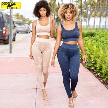 

Sisterlinda Women Serpentine Playsuit Gym Fitness Leggings Cropped Top Bra Sport Suits Female Sleeveless Tracksuit Active Wear