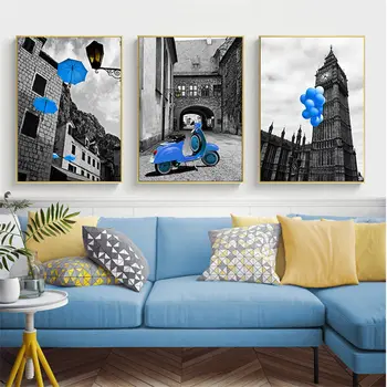 

European City Landscape Posters Nordic Canvas Painting Wall Art Print Blue Decor Balloon Umbrella Scenery Picture for Home Decor