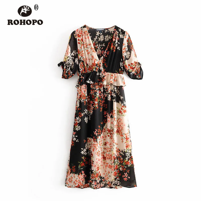 ROHOPO, Двухслойное, женское, на шнуровке, манжета, баска, платье миди, v-образный вырез, Цветочный, винтажное, розовое, Осеннее, праздничное, Vestido#2209 - Цвет: NEW