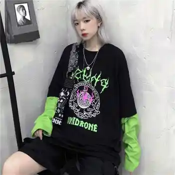 

Spring and Autumn New Street hip-hop fake two long sleeve T-shirt women's versatile loose black bottomed top trend
